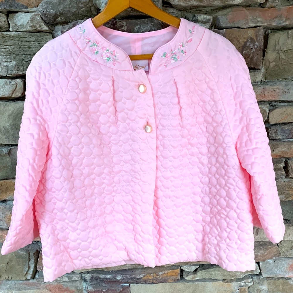 VTG Barbizon Bed Jacket Satin Quilted Robe Button Pink Sleepwear Embroidered